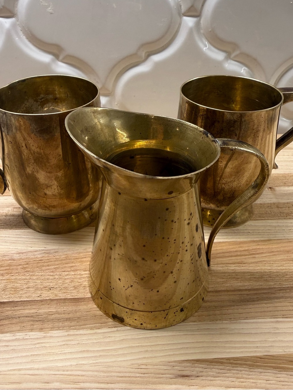 Vintage Brass Serving Set featuring Two Mugs w/Handles (Tankards) and a Pitcher